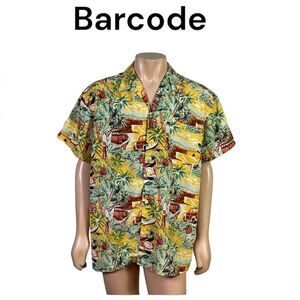 Barcode Men's Yellow Tropical Hawaiian Resort Casual Button-Down Shirt Large